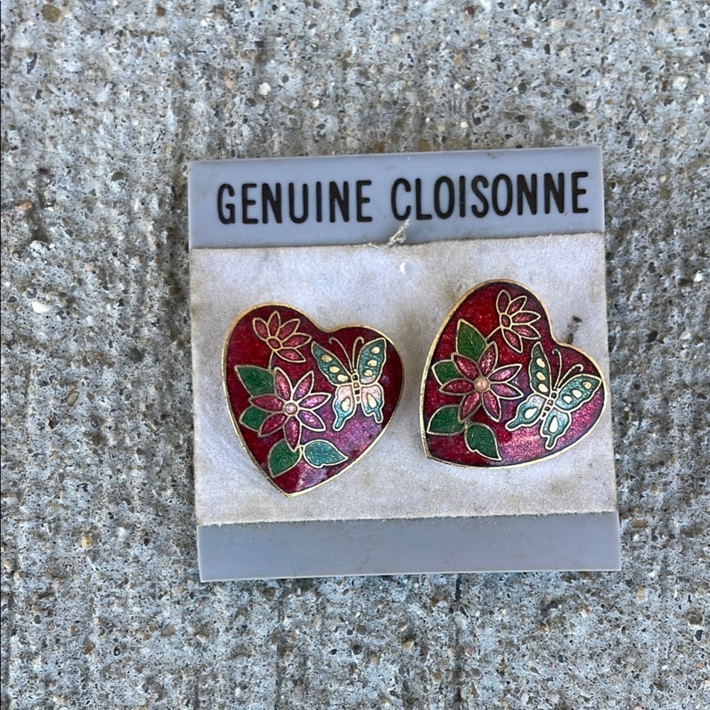 Vintage Cloisonné heart earrings Red Butterfly Floral Gold tones